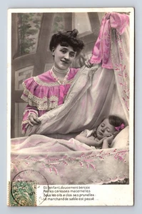 c1907 RPPC French Hand Colored Mother Daughter Sleep Sandman Poem Postcard - Picture 1 of 4