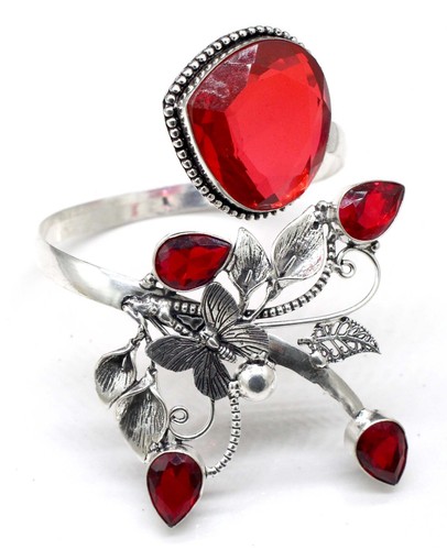 VALENTINO 925 Sterling Silver Mozambique Garnet Gemstone Jewelry Cuff Bracelet Size ADJ"