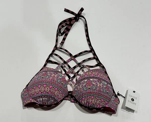 Women's Shade & Shore Strappy High Neck Bikini Top Multi Floral Stripe 36C NWT - Picture 1 of 3