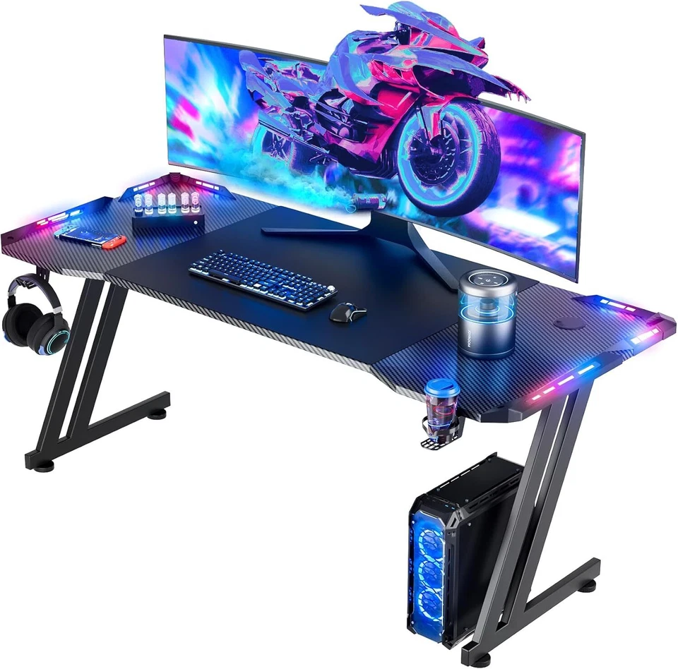 Ergonomic Gaming Desk with LED Carbon Fibre Surface Gaming Table Computer Desk - Image 1 of 4
