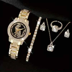 Women's Watch Leopard Quartz Luxury Rhinestone Analog Wristwatch & Jewelry Set - Picture 1 of 5