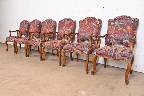 Minton Spidell French Louis XV Style Walnut Dining Arm Chairs, Set of Six Cover