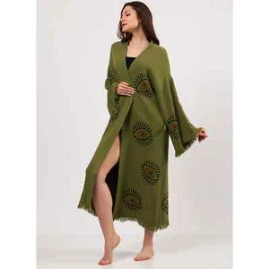Turkish Cotton Evil Eye Kimono Robe, Beachwear, Bathrobe, Boho, Olive Green - Picture 1 of 3
