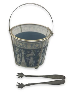 Jeannette Blue Hellenic Jasperware Ice Bucket Bowl Grecian Scene 5" Tall MCM - Picture 1 of 12