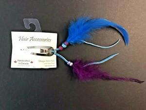 Turquoise Barrette, blue & purple feathers, leather, beads, Monague Nature Craft - Picture 1 of 6