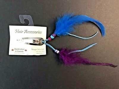 Turquoise Barrette, blue & purple feathers, leather, beads, Monague Nature Craft - Image 1 of 4