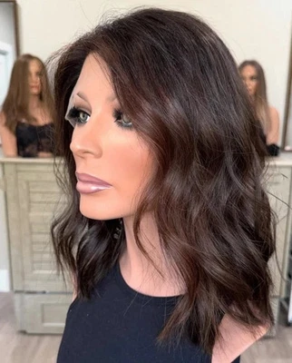 Pelucas delanteras de encaje 100 % cabello humano Balayage marrón oscuro con onda de resaltado castaño rojizo Foto 1 de 4