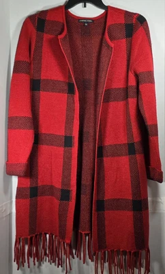 Cárdigan Adrienne Vittadini Rojo/Negro Búfalo Cuadros Frente Abierto Flecos Dobladillo Talla L Foto 1 de 4