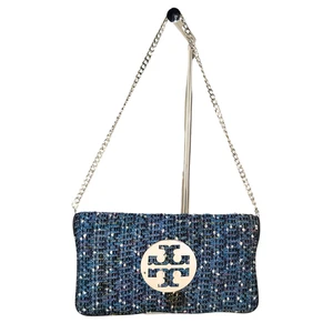 Tory Burch Reva Blue Woven Tweed Leather Large Folding Clutch Purse - Picture 1 of 10