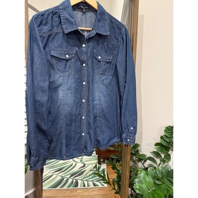 Camisa para mujer New Look azul denim manga larga con botones 1X perla a presión occidental Foto 1 de 4