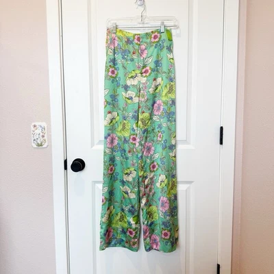 ZARA Womens Satin Floral BohoPants Size XSmall Wide Leg Retro Blogger Favorite - Image 1 of 4
