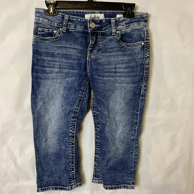 Pantalones de mezclilla para mujer DAYTRIP Virgo Capri tiro medio elásticos azules desgastados talla 26 Foto 1 de 4