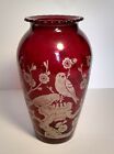  Vintage Anchor Hocking Ruby Red Vase with White Birds & Blossoms Mid Century