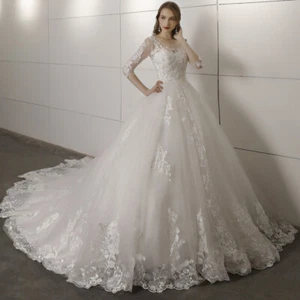 Vintage Wedding Dresses 3/4 Sleeves Sequins Appliques Backless Tulle Bridal Gown - Picture 1 of 9
