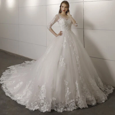 Vestidos de novia vintage mangas 3/4 lentejuelas apliques espalda tul vestido de novia Foto 1 de 4