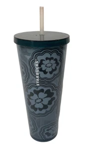 Starbucks 2018 24 OZ vaso frío onda azul tropical floral pajita abstracta - Imagen 1 de 8