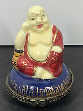 Vintage Porcelain Hinged Box  Buddha sitting on Blue Pillow