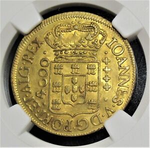 Brazil: João V gold 4000 Reis 1726-R AU58 NGC.