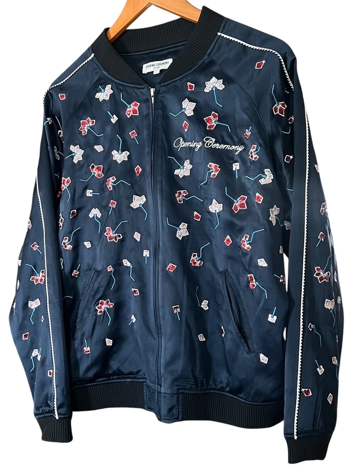Chaqueta Bomber Ceremonia de Apertura Embellecida Floral Lentejuelas Azul Marino Seda Talla L Foto 1 de 4