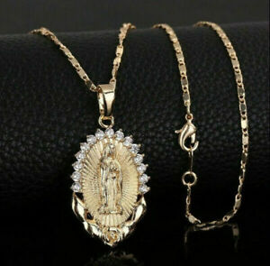 18k Gold Women Virgin Mary Pendant Chain Necklace Religious Catholic Jewelry