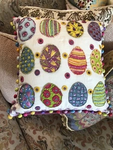 Mackenzie-Childs Patience Brewster PAINTED EGG POM-POM Pillow NIP Easter - Picture 1 of 12