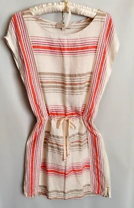 Ann Taylor Loft 100% Linen Blouson Mini Dress Sz S Drawstring Beige Pink Stripe - Imagen 1 de 7