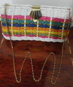 1960s hand,shoulder bag white rattan basket woven rainbow stripes andgold chain - Picture 1 of 13