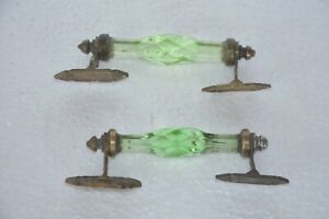 2 Pc Vintage Glass & Brass Green Handcrafted Victorian Cut Glass Door Handle