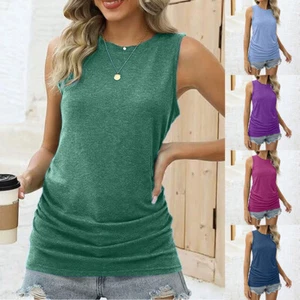 Womens Sleeveless Solid Vest Tops Summer Pleated Loose T-Shirt Blouse Tank US - Picture 1 of 27