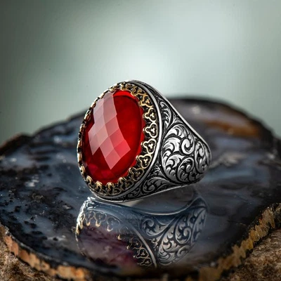 Anillo turco para hombre de plata de ley 925 maciza facetado piedra circonitada Foto 1 de 4