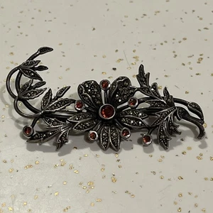 Vintage Sterling Silber Granat Blume Brosche Anstecknadel Markasit gemarkt 925 - Bild 1 von 9
