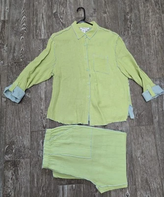 Conjunto de blusa y pantalón Coldwater Creek para mujer de lino y algodón con botones, talla L, VERDE Foto 1 de 4