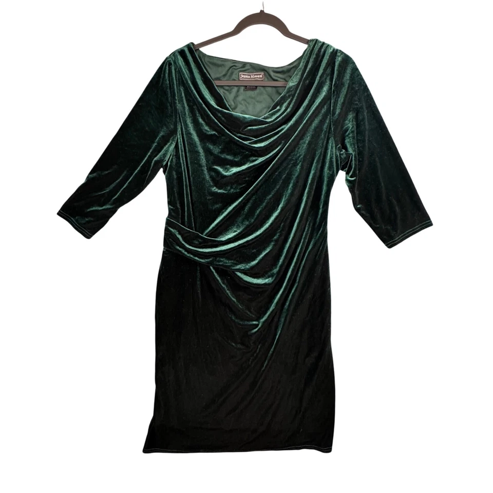 Vestido Jessica Howard Verde Esmeralda Terciopelo Capucha Cuello Vaina 14 Vacaciones Cóctel Foto 1 de 4