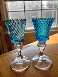 Vintage blaue Nagel & Diamant Windlichter mit Kristall Kerzenständer Set - Bild 1 von 17