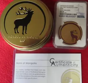Mongolian Nature Deer 2017 Gilt 1/2oz Silver Coin 500T NGC MS 69 ER - Picture 1 of 6