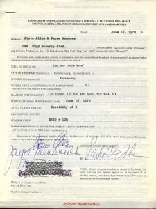 Steve Allen Jayne Meadows signed autograph 9x11 Merv Griffin 1970 Show Contract - Picture 1 of 1
