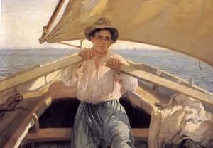 Oil painting young man in a boat - juan van der hamen boatman free shipping cost - Picture 1 of 1
