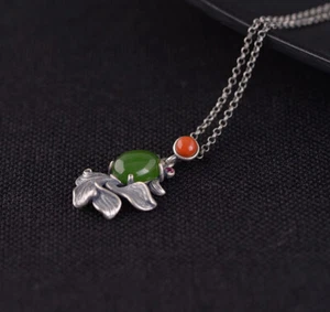 I05 Anhänger mit Kette Silber 925 Fisch mit ovalem grünem Jaspis - Bild 1 von 2