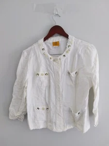 Ruby Rd 12 Front Snap Buttons White Ivory Linen Rayon Blend Jacket Embellished - Picture 1 of 9