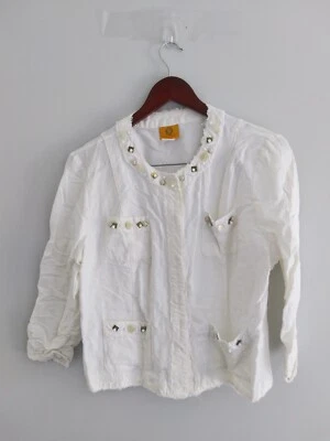 Ruby Rd 12 Front Snap Buttons White Ivory Linen Rayon Blend Jacket Embellished - Image 1 of 4