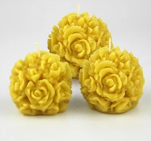 3pcs 100% Natural Beeswax Cute Small Round Ball Rose Flower Detailed Candles - Picture 1 of 1