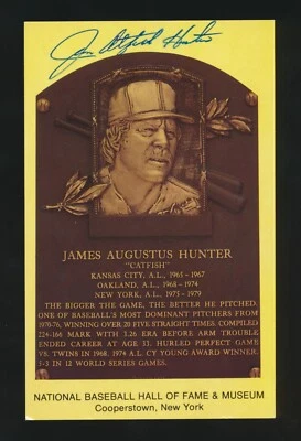 Hall of Fame YELLOW PLAQUE Postcard -JIM "CATFISH" HUNTER *Autographed* d.1999 - Image 1 of 2