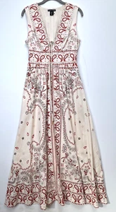 Christian Lacroix Women's US XS Linen Blend Cream/Red Paisely Boho Maxi Dress - Picture 1 of 23