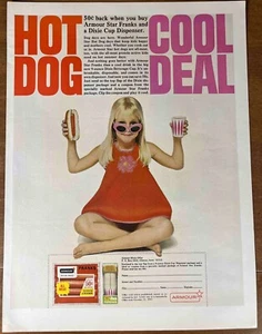 1967 Armour Franks Hot Dogs Vintage Print Ad Dixie Cup Dispenser Snack Shop Deli - Picture 1 of 1
