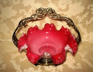Victorian Rose Crest "Brides Basket" Hand Blown Glass Ruffled Bowl, Beautiful!