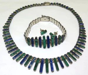 LOVELY MALACHITE AND LAPIS LAZULI NECKLACE BRACELET & EARRINGS 950 SILVER - Picture 1 of 8
