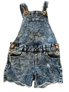 Justice Girls Denim Overall Shorts Size 8 Distressed Stone Wash Denim Frayed - Picture 1 of 14