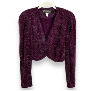 90s Vintage Purple Metallic Cropped Jacket Womens 14W Open Front Retro Glam - Picture 1 of 14