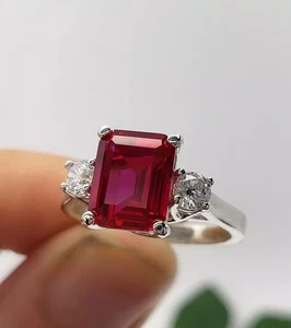 4.05 Ct Emerald Cut Natural Ruby & Diamond Bridal Wedding Ring 14k White Gold - Picture 1 of 8