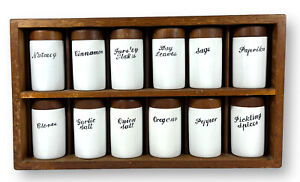 Vintage Spice Jars Lagardo Tackett Style Set of 12 MCM 1960s Porcelain Wood